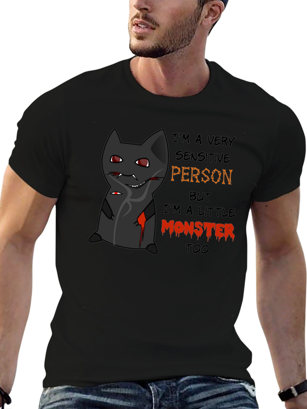 Monster Cat Graphic Tee - Sensitive Person Funny T-Shirt