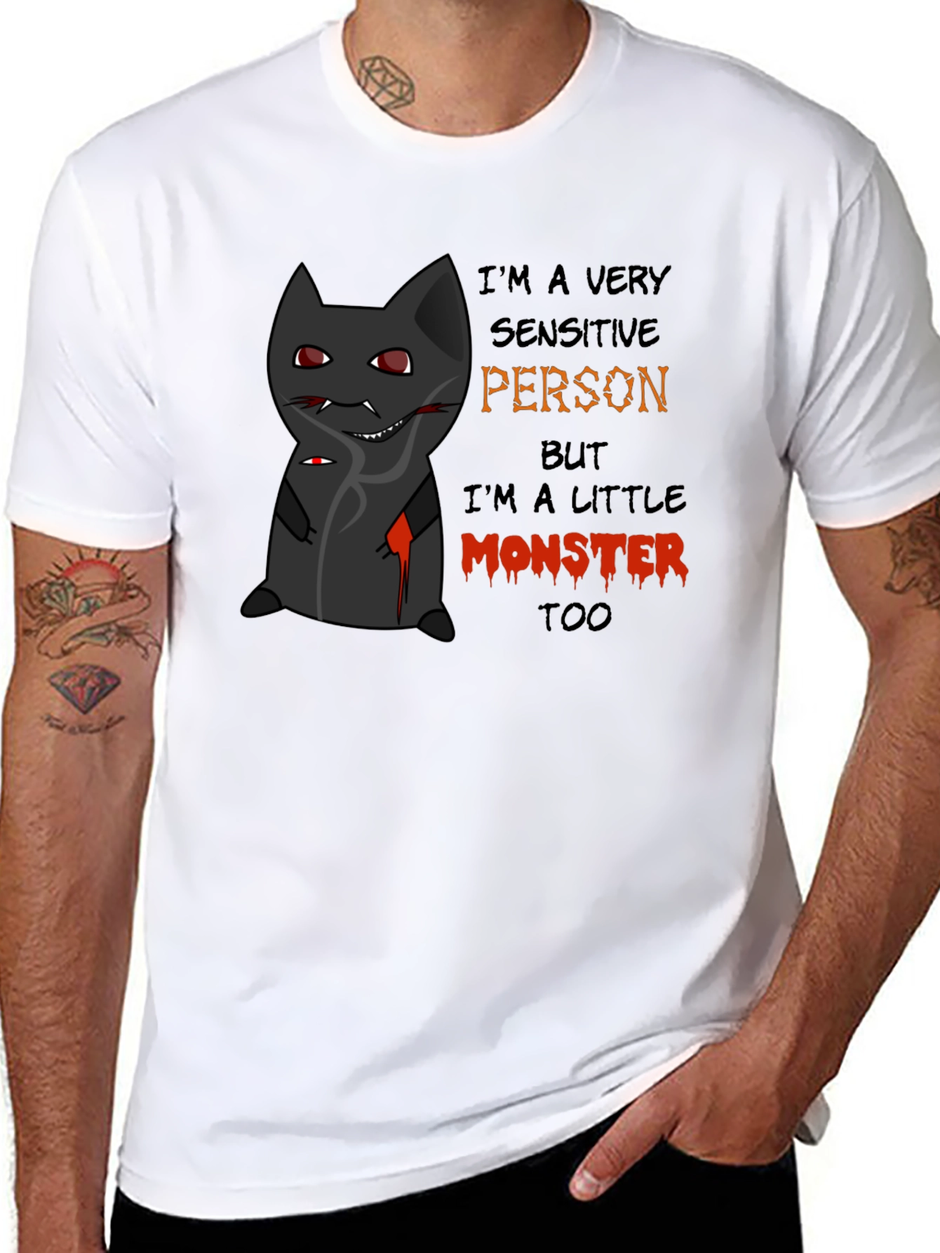 Monster Cat Graphic Tee - Sensitive Person Funny T-Shirt