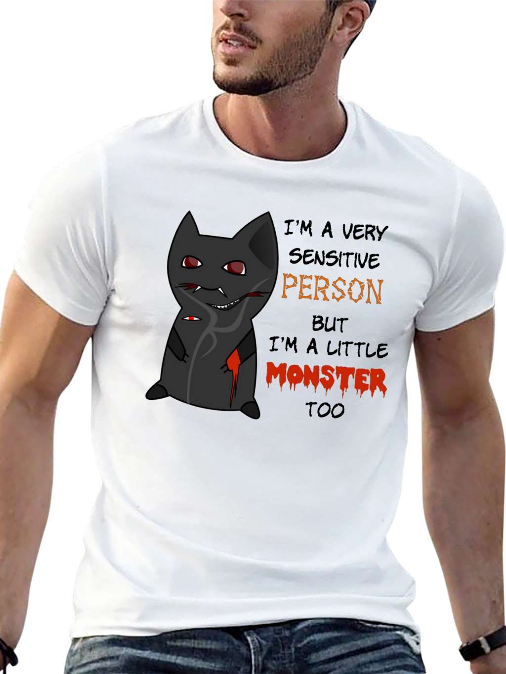 Monster Cat Graphic Tee - Sensitive Person Funny T-Shirt