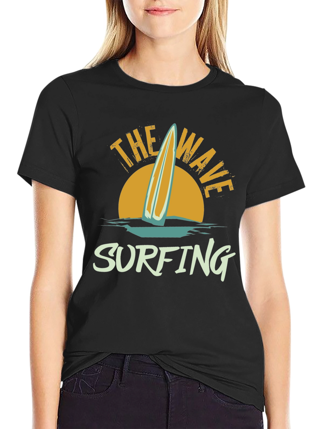 Retro Surfing Wave Graphic T-Shirt - Black