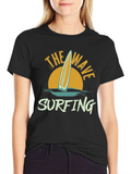 Retro Surfing Wave Graphic T-Shirt - Black
