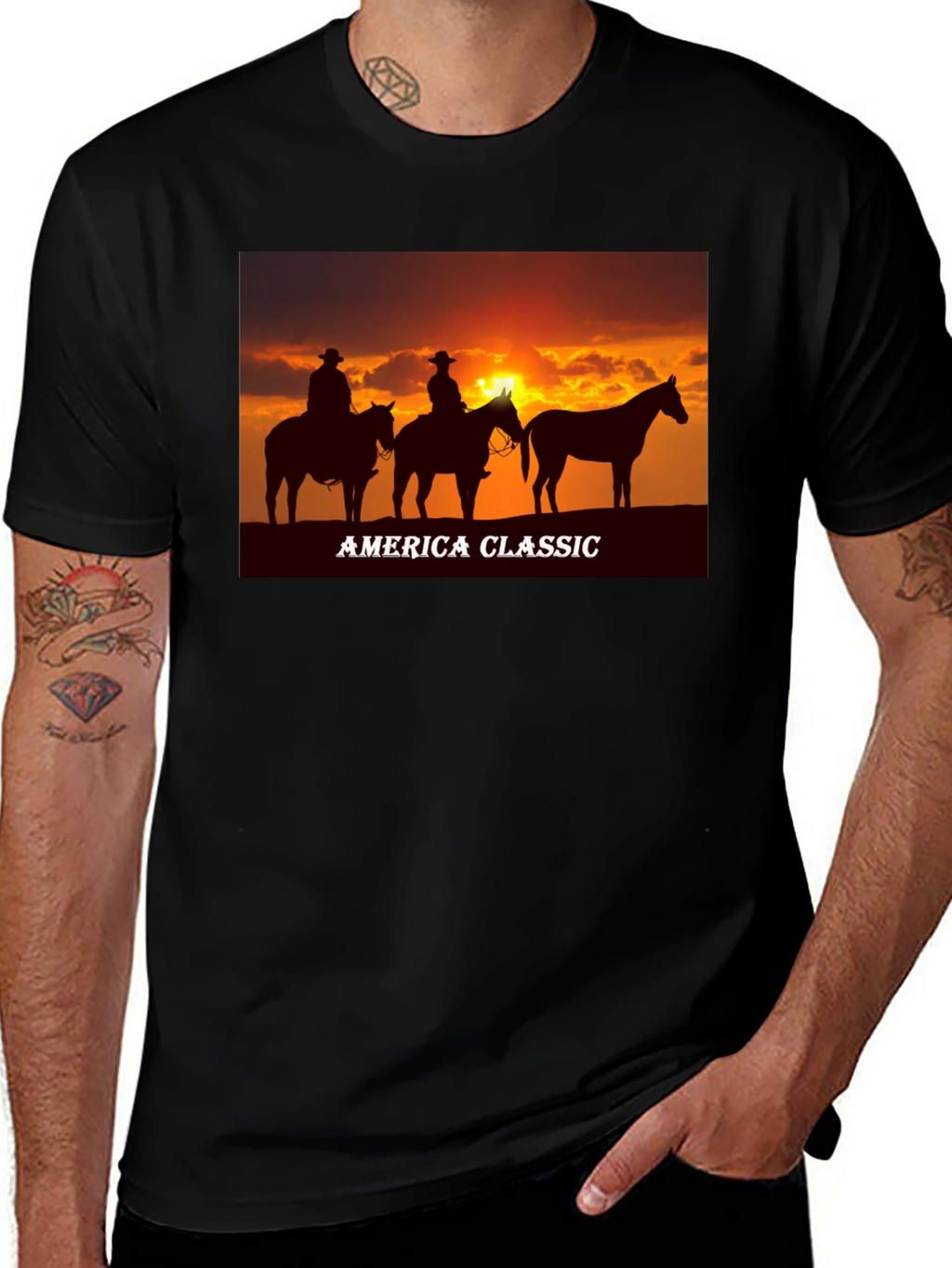 America Classic Cowboy Sunset Graphic T-Shirt