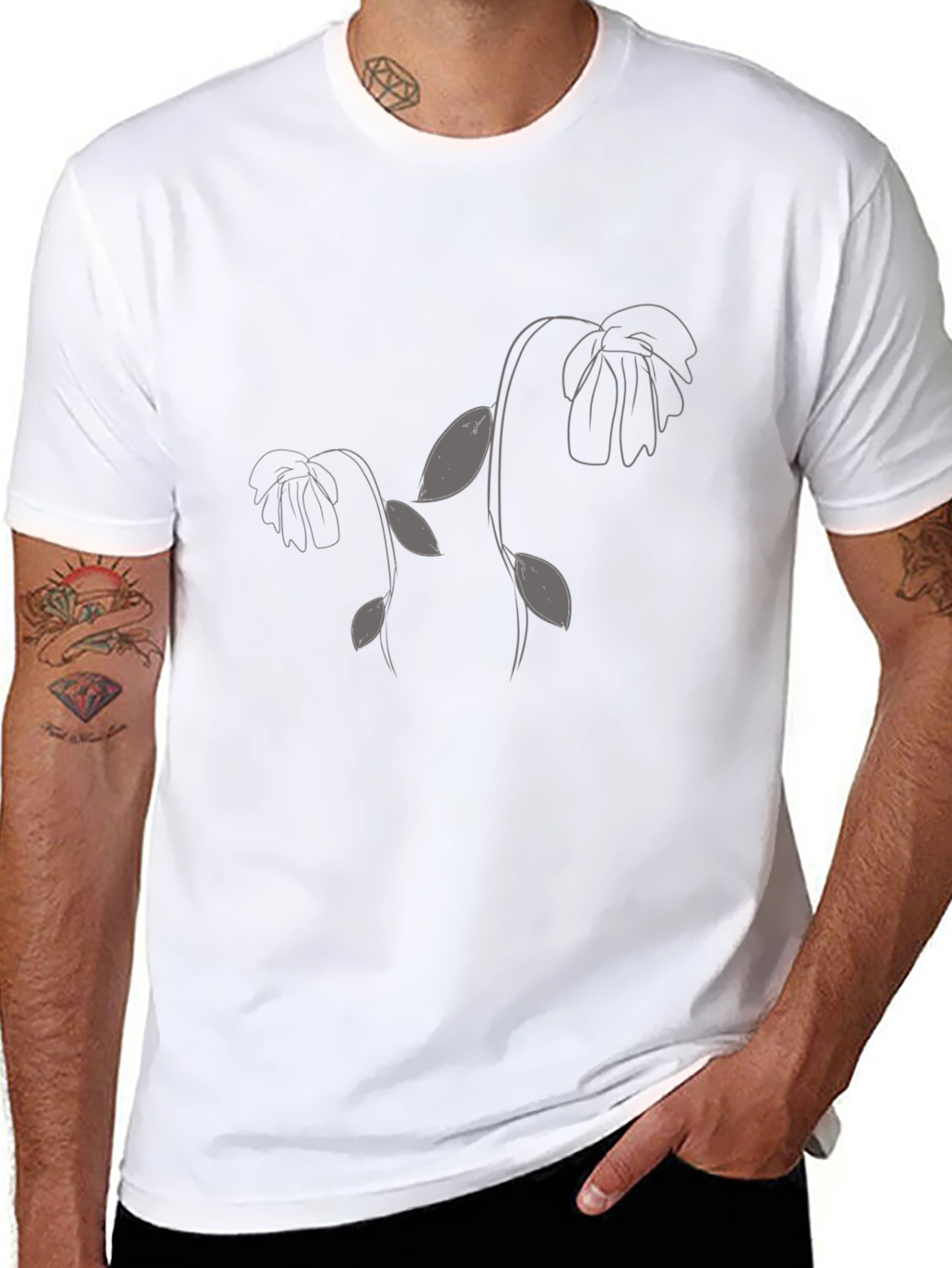 Minimalist Floral Print Black T-Shirt
