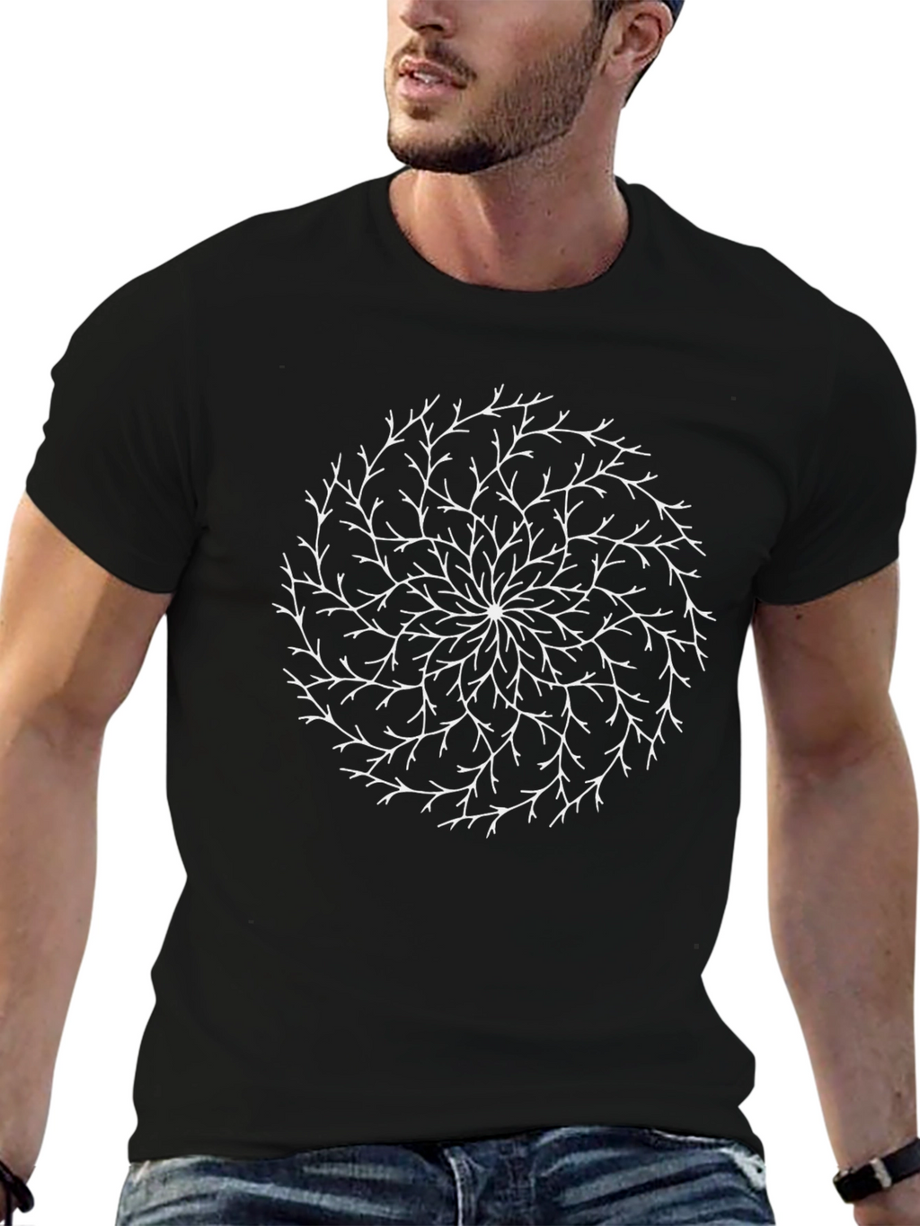 Black T-Shirt with White Branch Circle Design