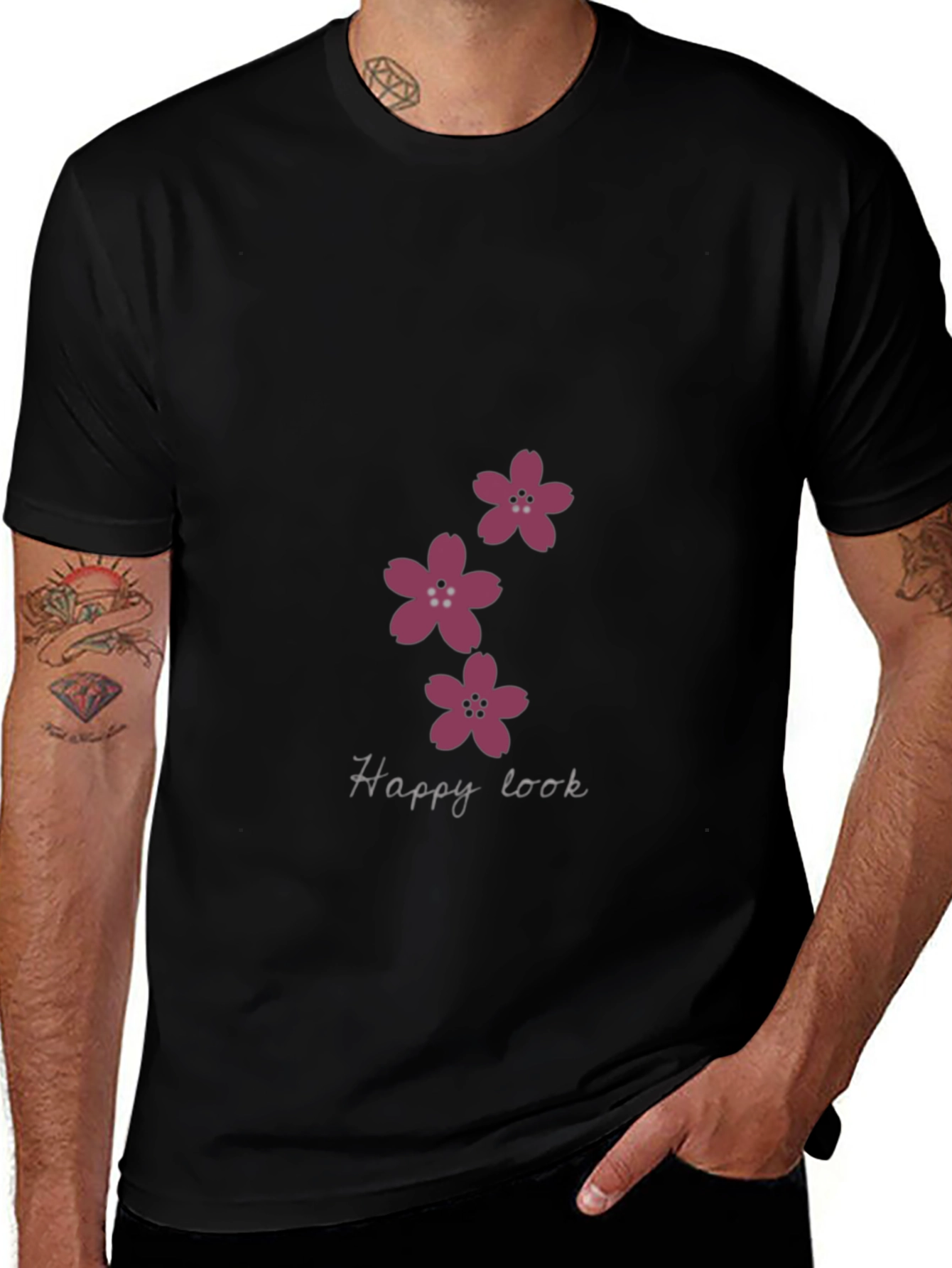 Black T-Shirt with Floral Happy Look Design