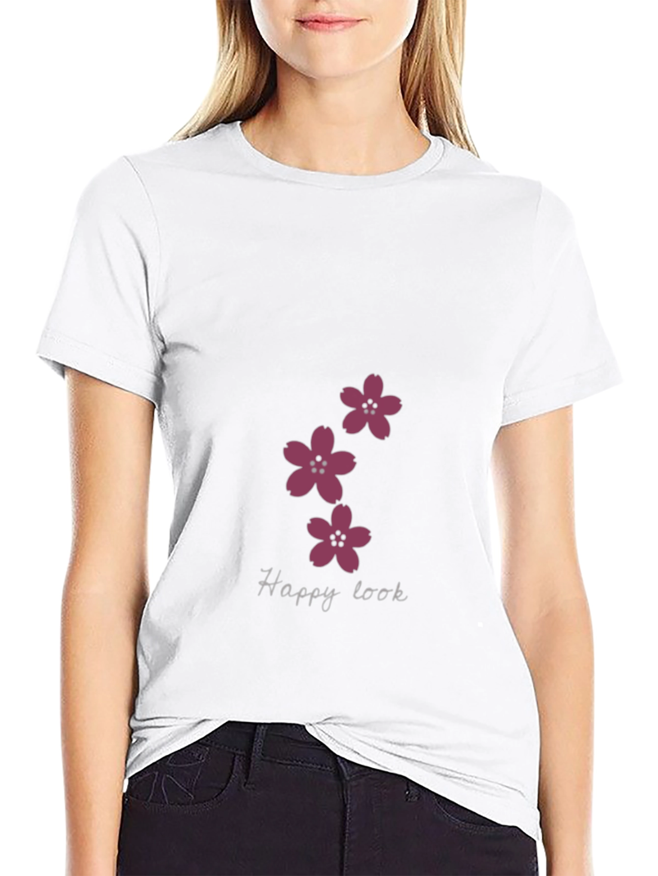 Black T-Shirt with Floral Happy Look Design