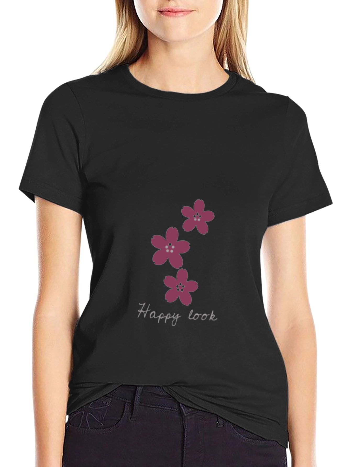 Black T-Shirt with Floral Happy Look Design