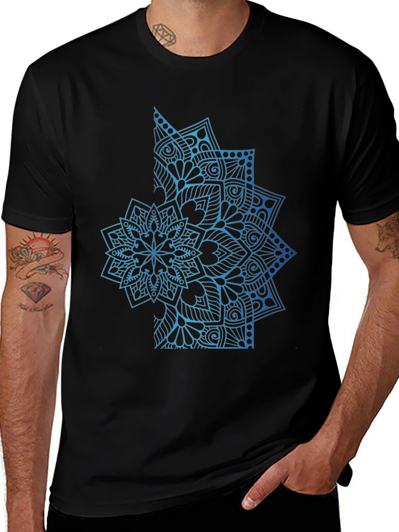 Blue Mandala Graphic Black T-Shirt