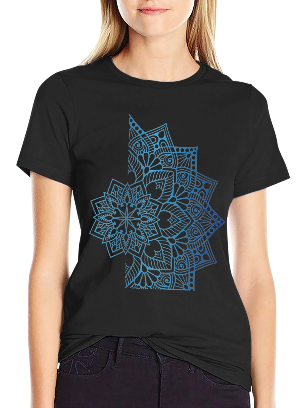 Blue Mandala Graphic Black T-Shirt