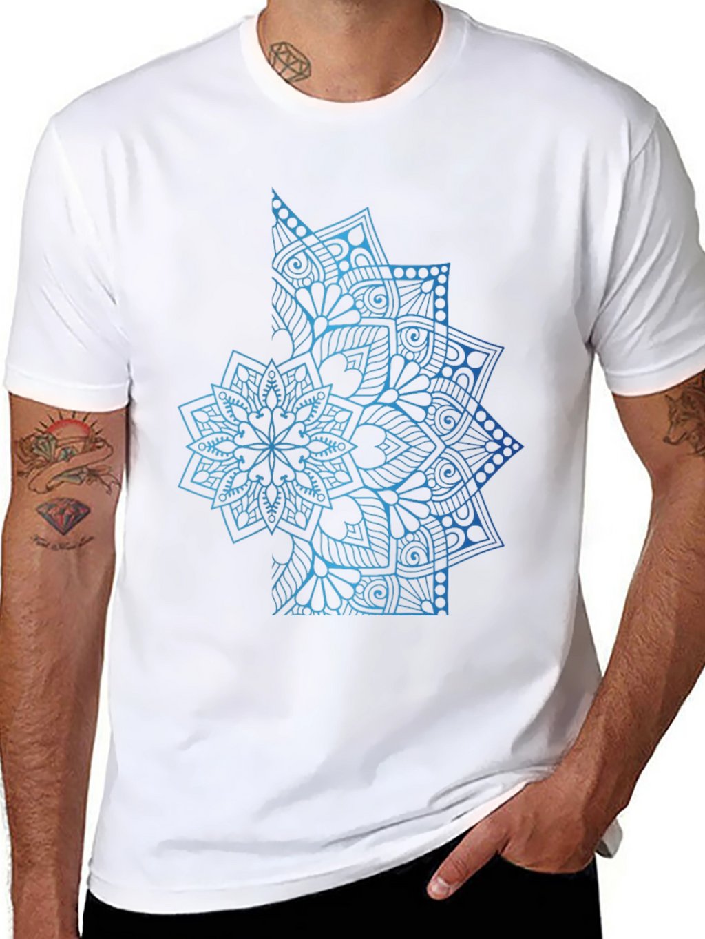 Blue Mandala Graphic Black T-Shirt