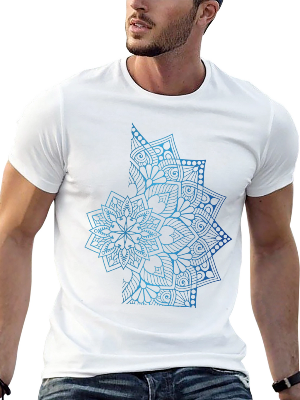 Blue Mandala Graphic Black T-Shirt