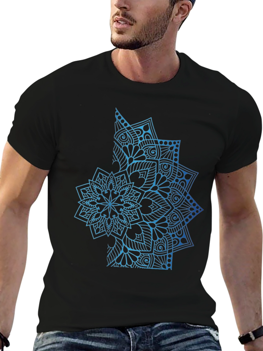 Blue Mandala Graphic Black T-Shirt