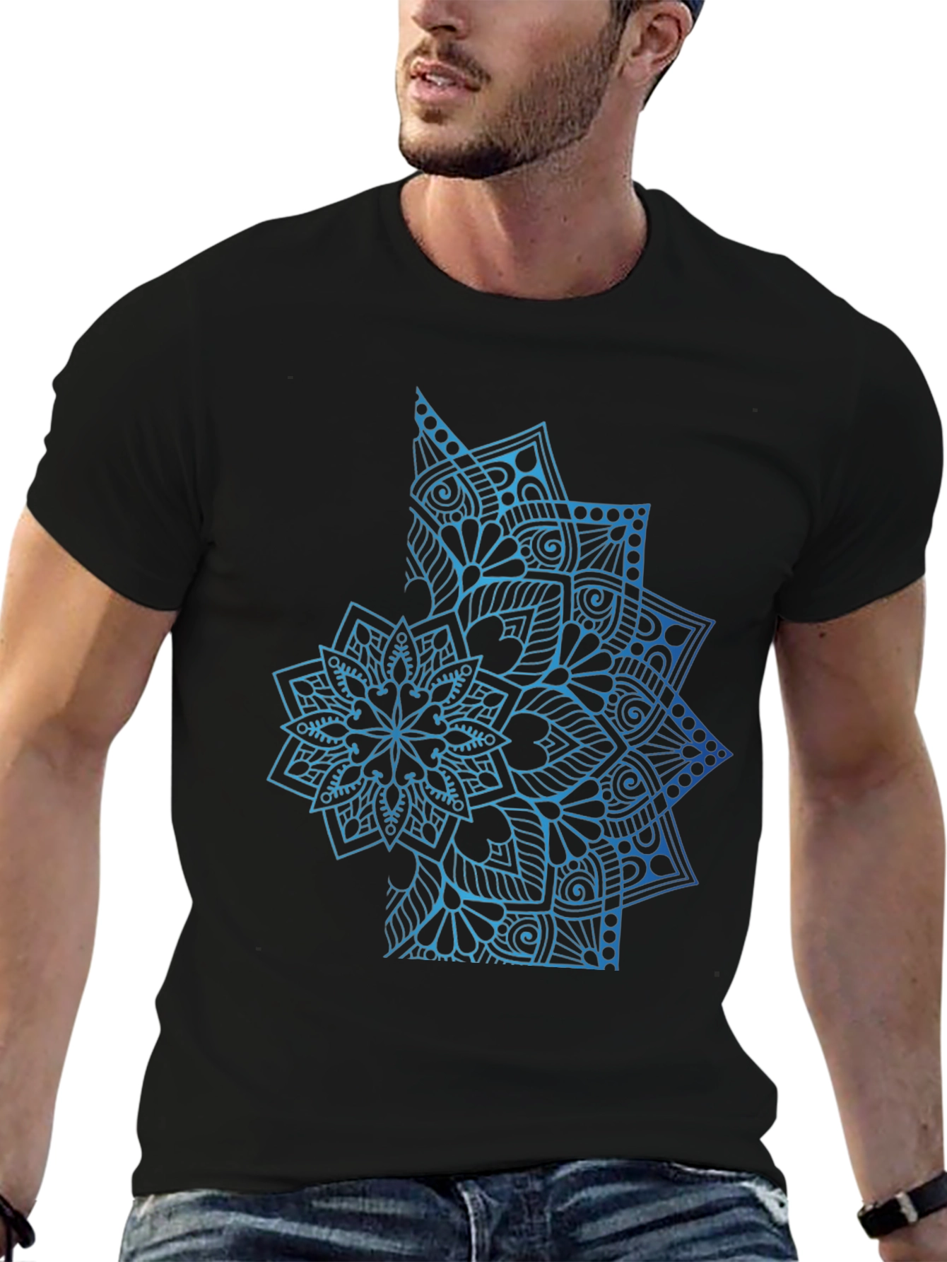 Blue Mandala Graphic Black T-Shirt