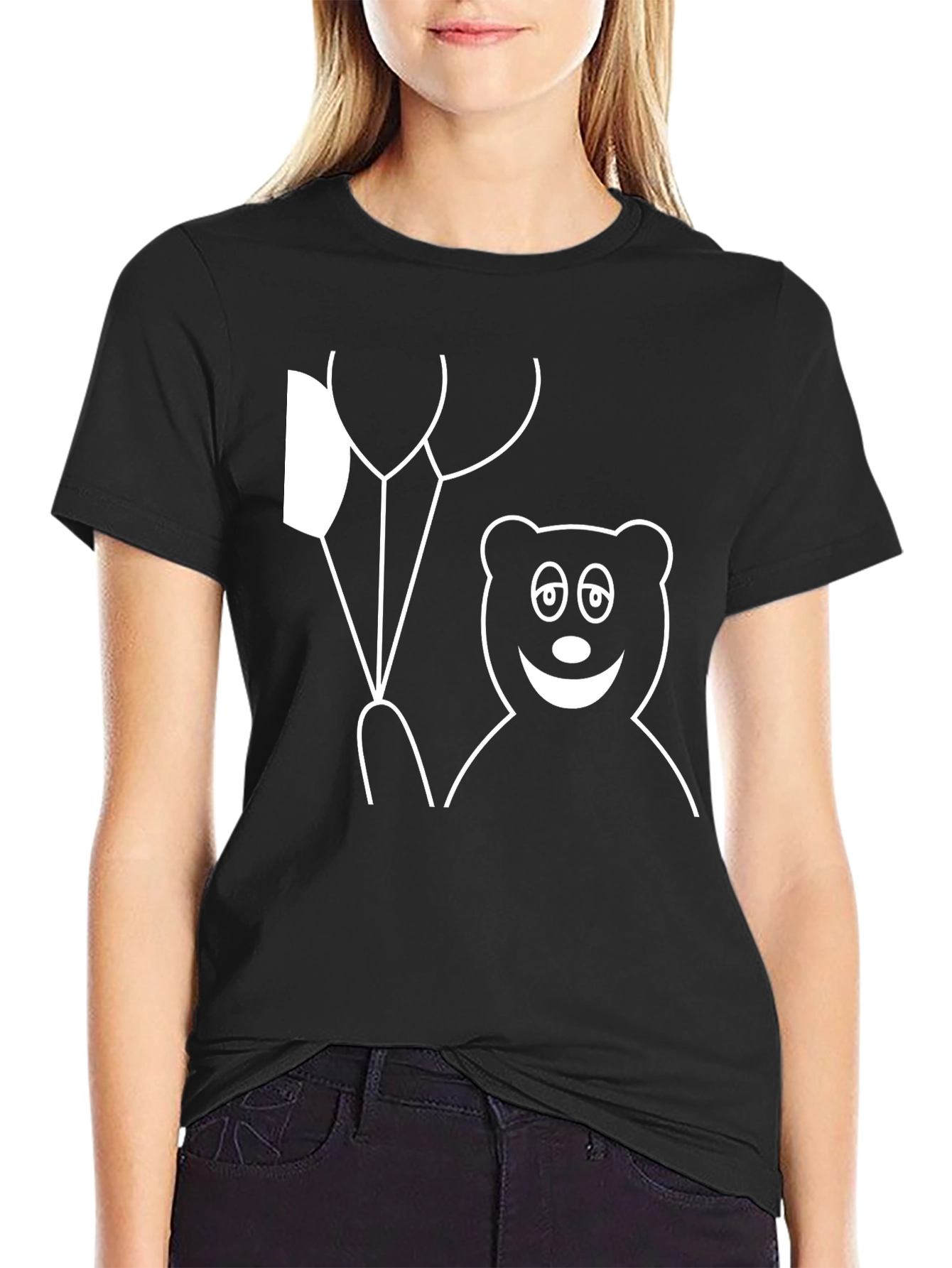 Bear & Balloons Graphic Tee - Casual Black T-Shirt
