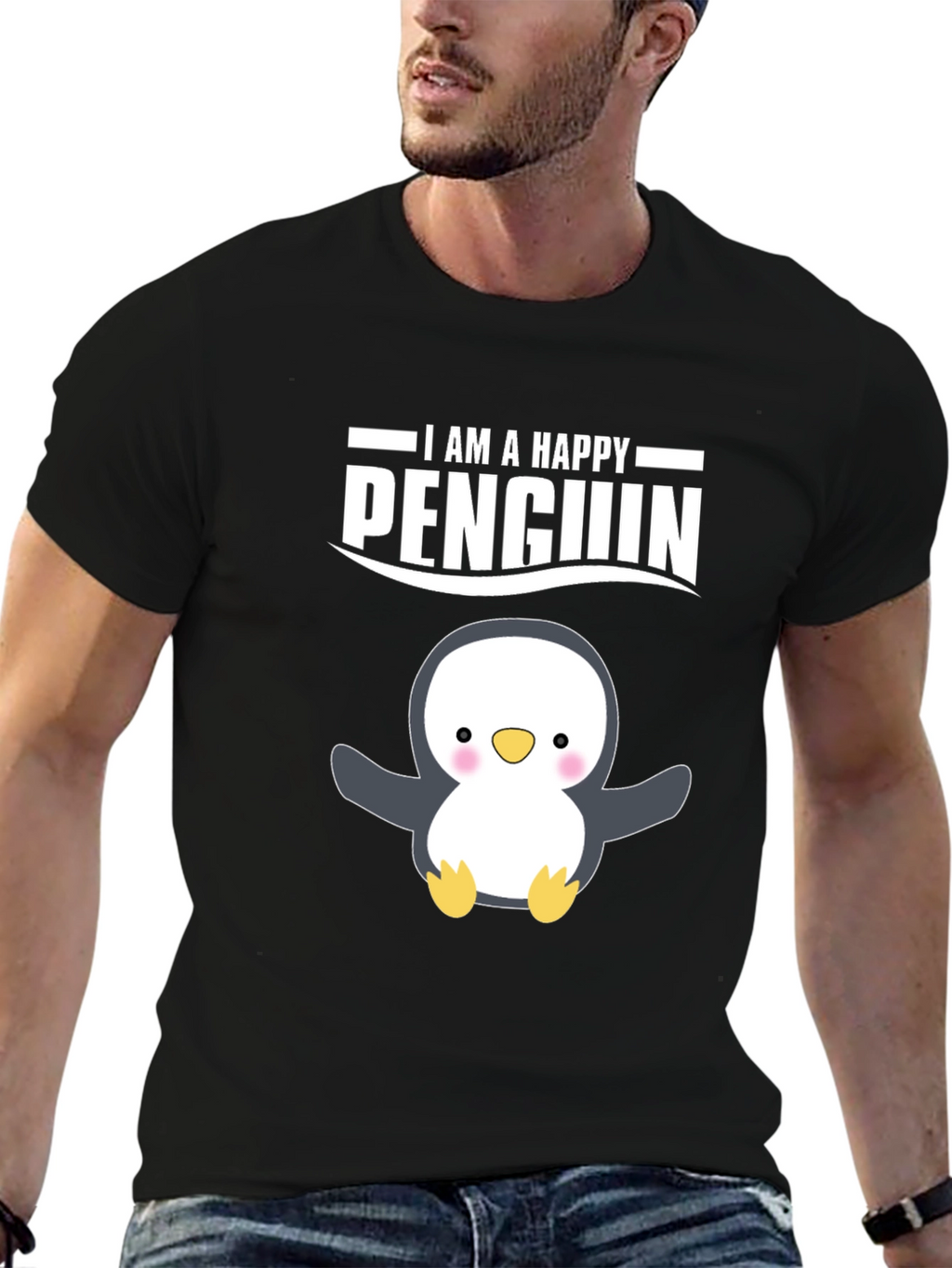 Happy Penguin Graphic Tee - Black Cotton T-Shirt