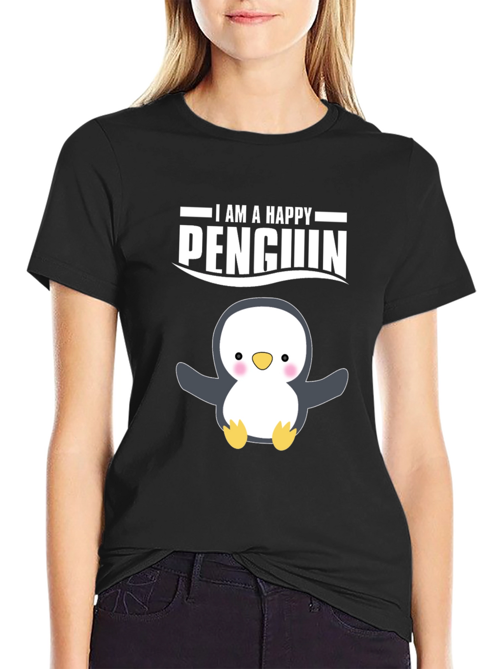 Happy Penguin Graphic Tee - Black Cotton T-Shirt