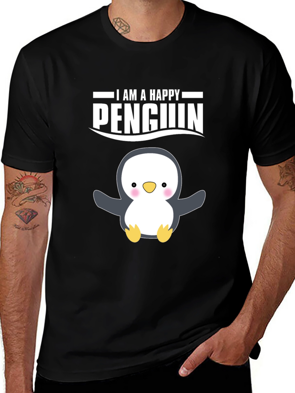 Happy Penguin Graphic Tee - Black Cotton T-Shirt