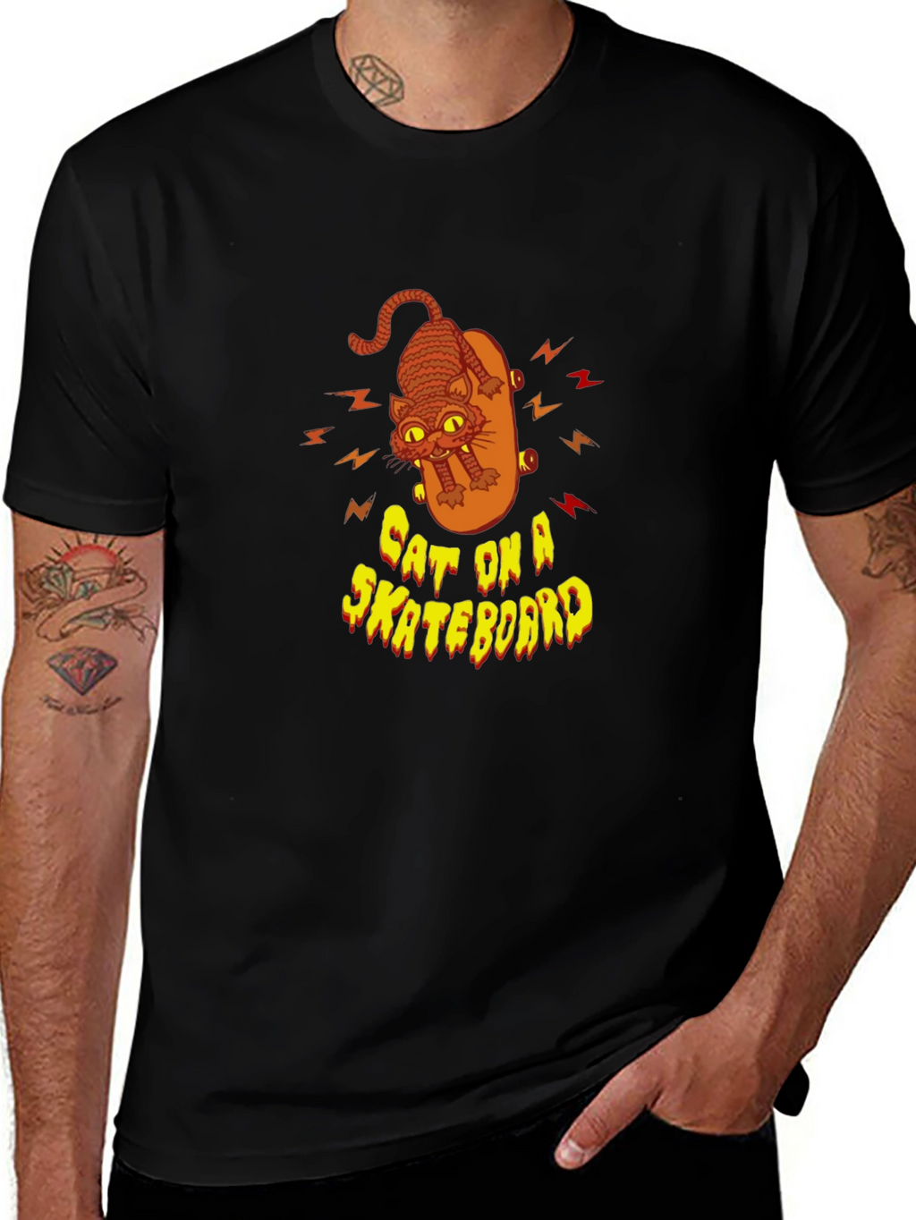 Cool Cat On Skateboard Graphic Black T-Shirt