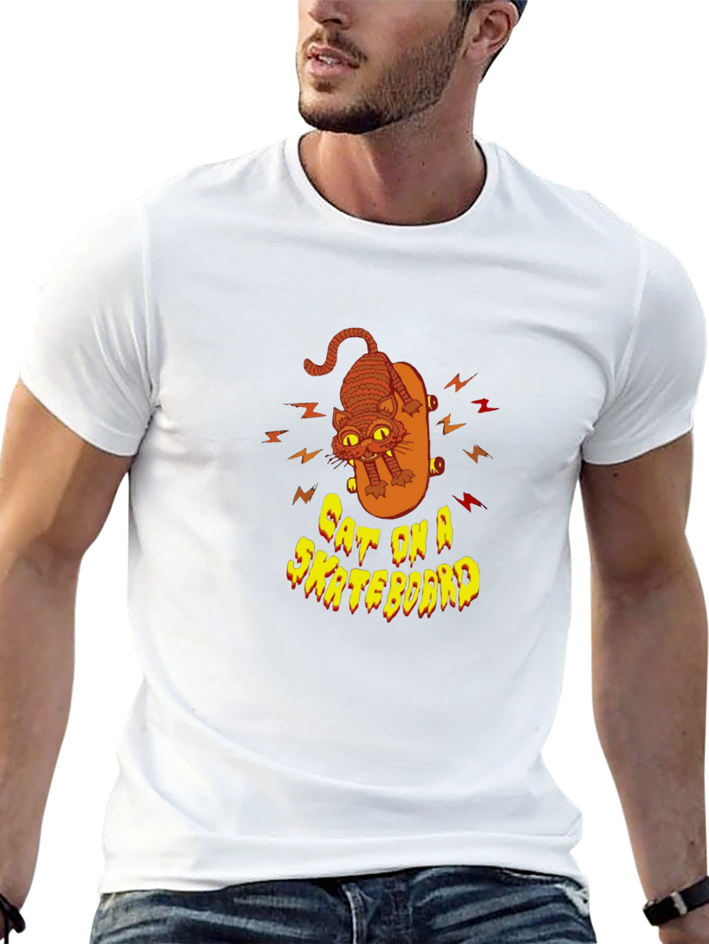Cool Cat On Skateboard Graphic Black T-Shirt
