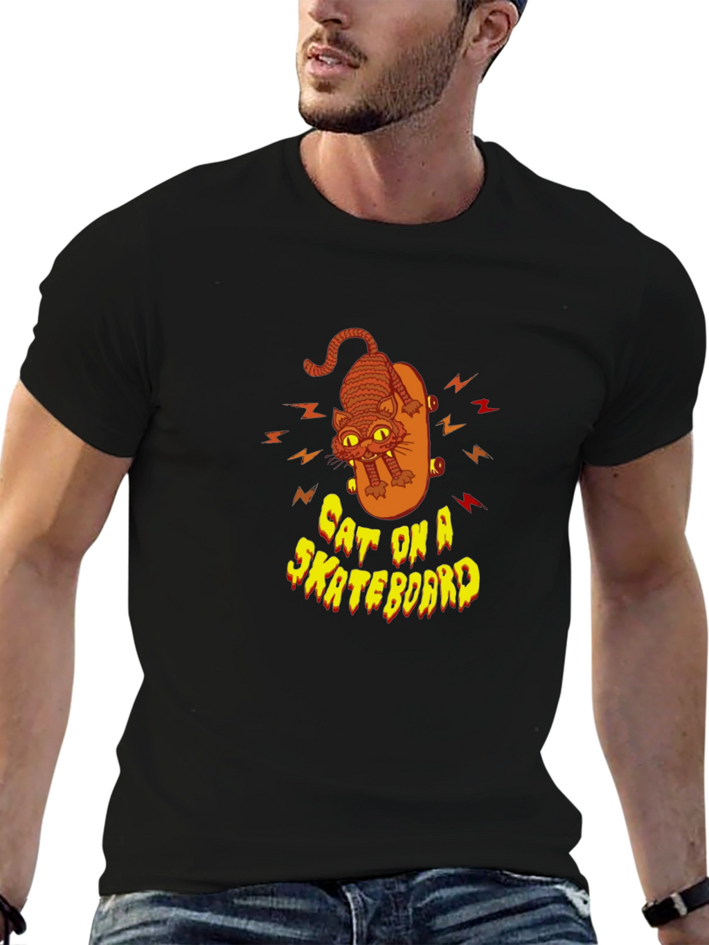 Cool Cat On Skateboard Graphic Black T-Shirt