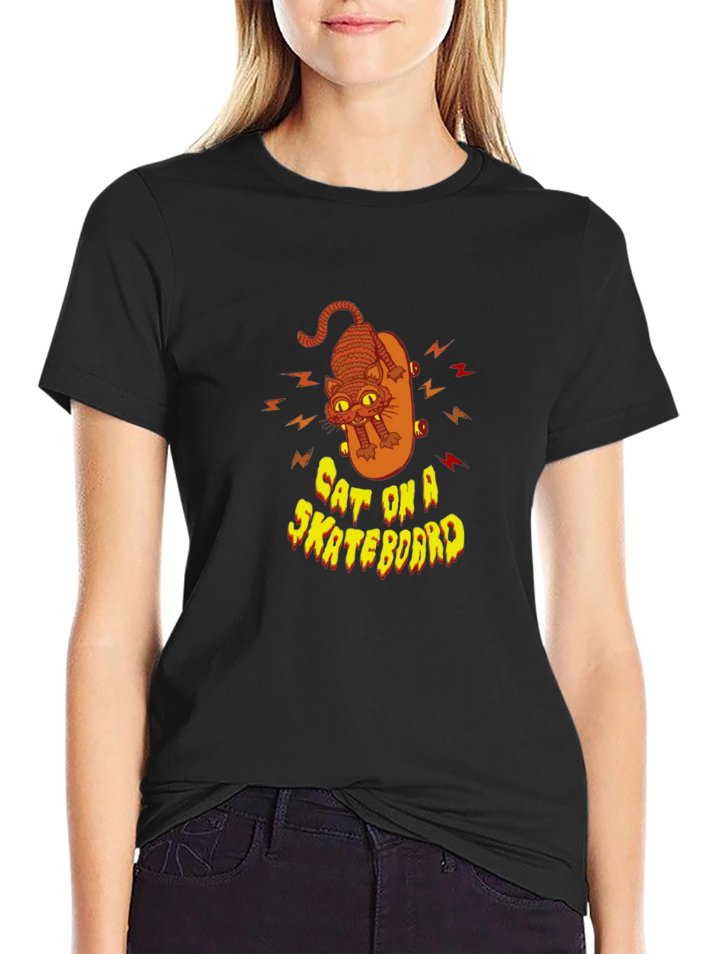 Cool Cat On Skateboard Graphic Black T-Shirt