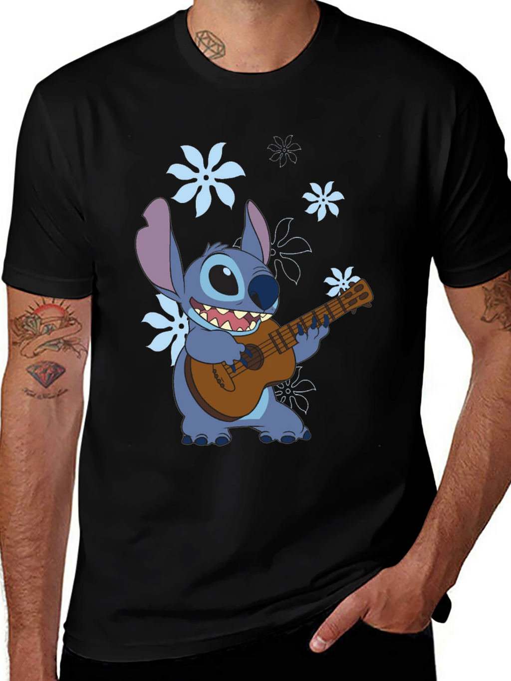 Stitch Ukulele Graphic T-Shirt - Black Cotton Tee