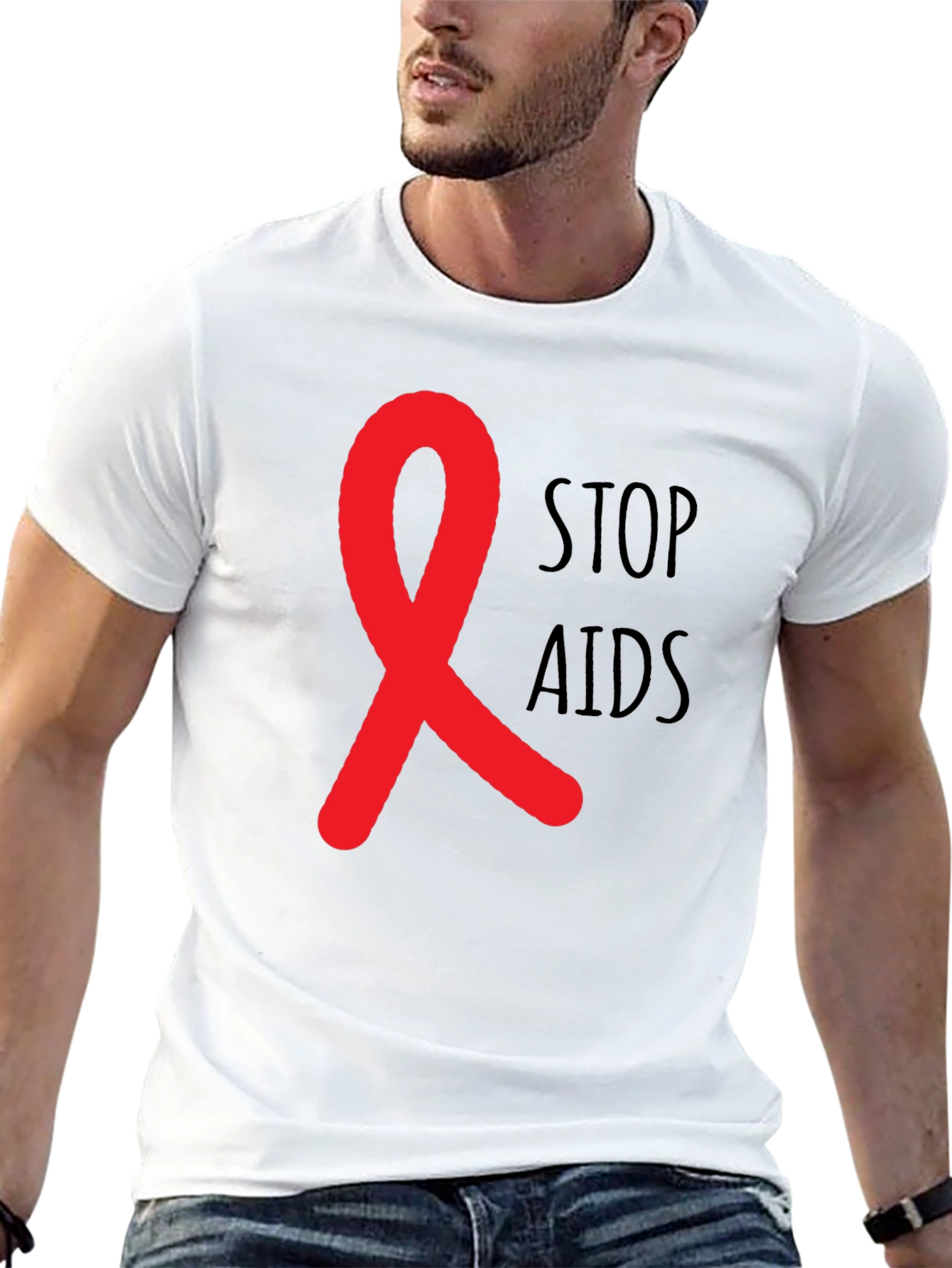 Stop AIDS Awareness Ribbon Graphic T-Shirt