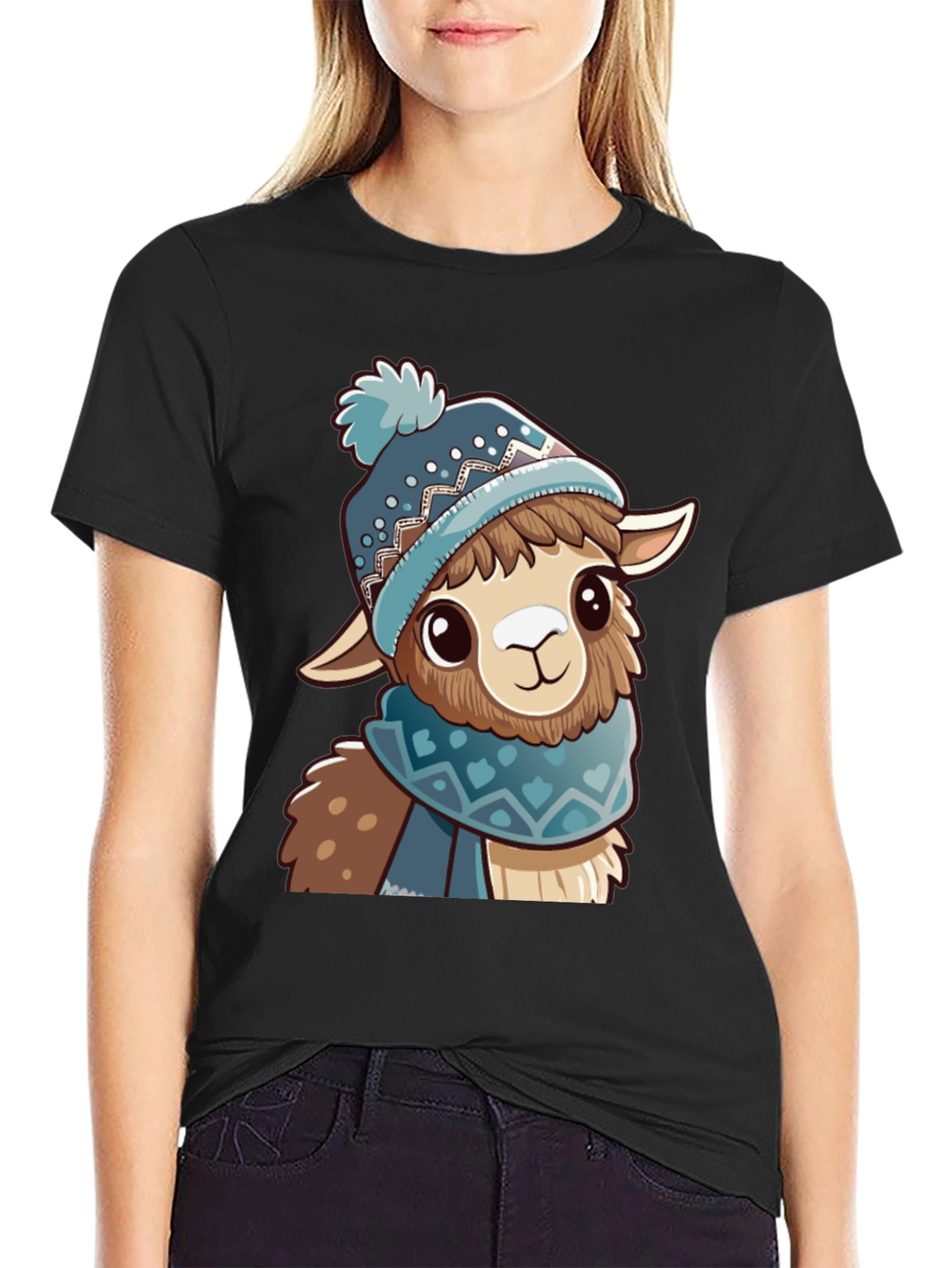 Cute Llama in Winter Hat Black T-Shirt