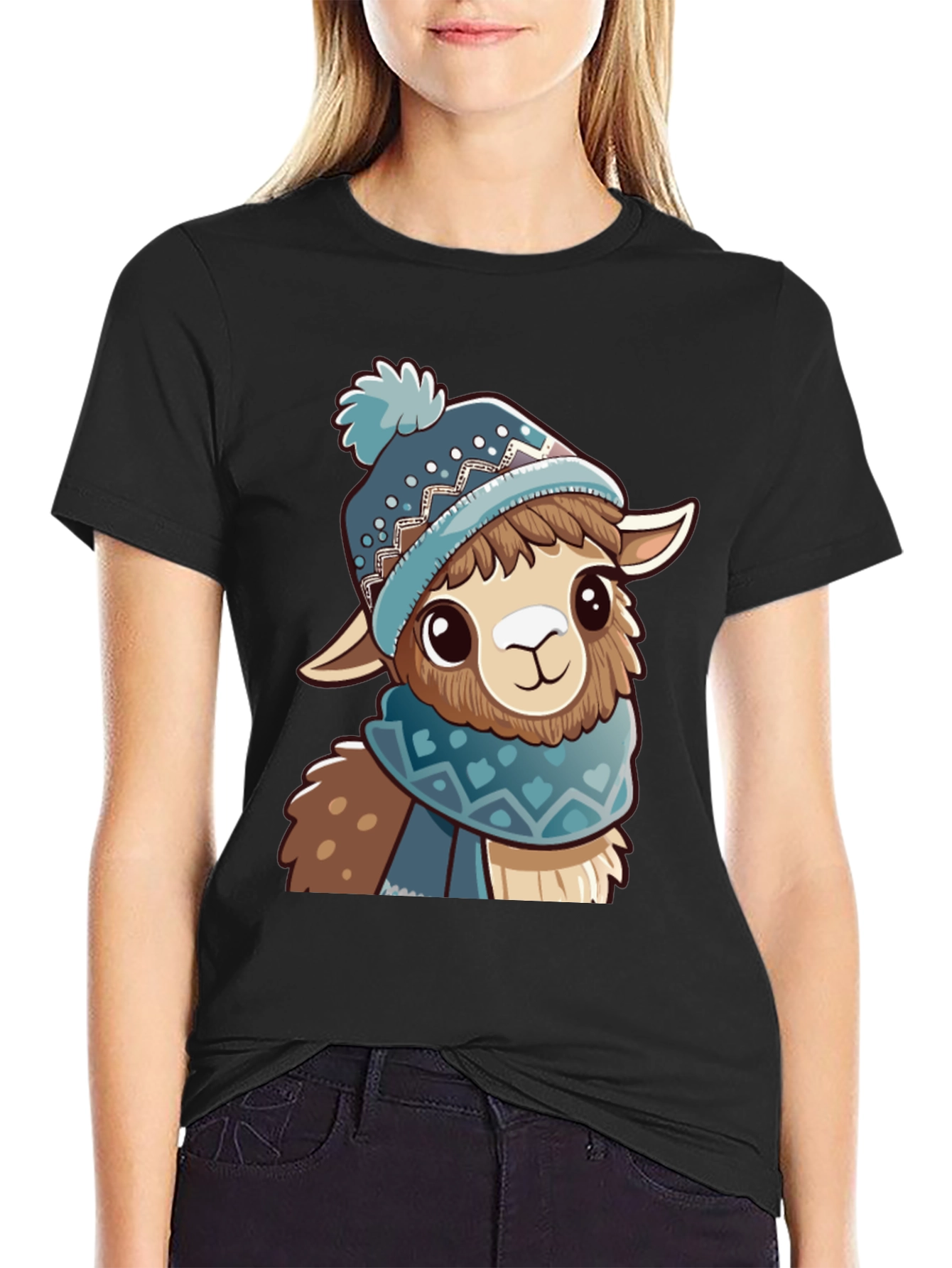 Cute Llama in Winter Hat Black T-Shirt