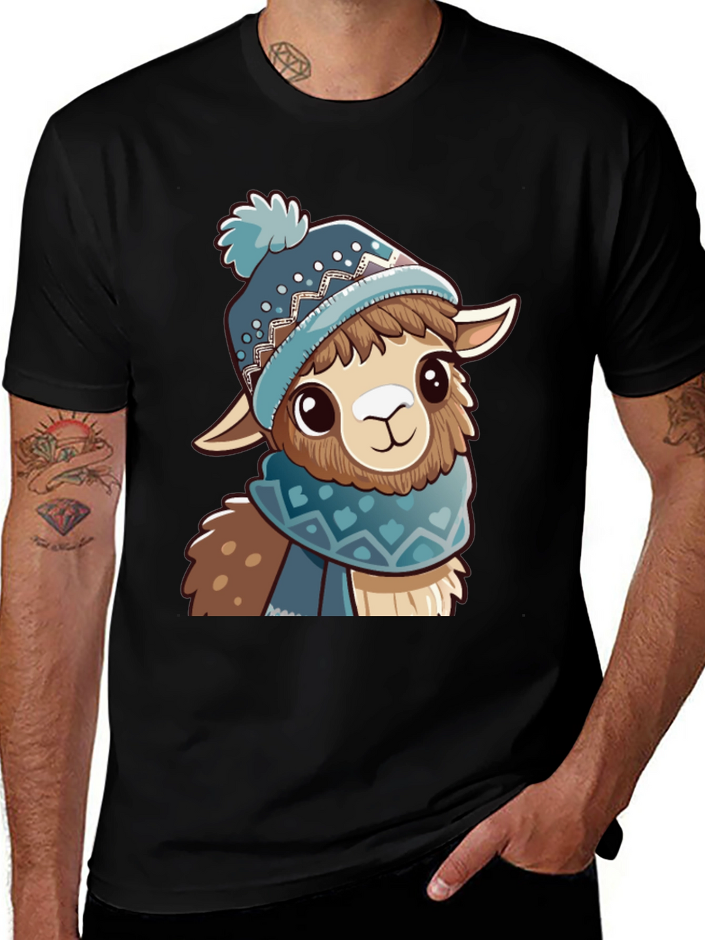 Cute Llama in Winter Hat Black T-Shirt