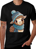 Cute Llama in Winter Hat Black T-Shirt