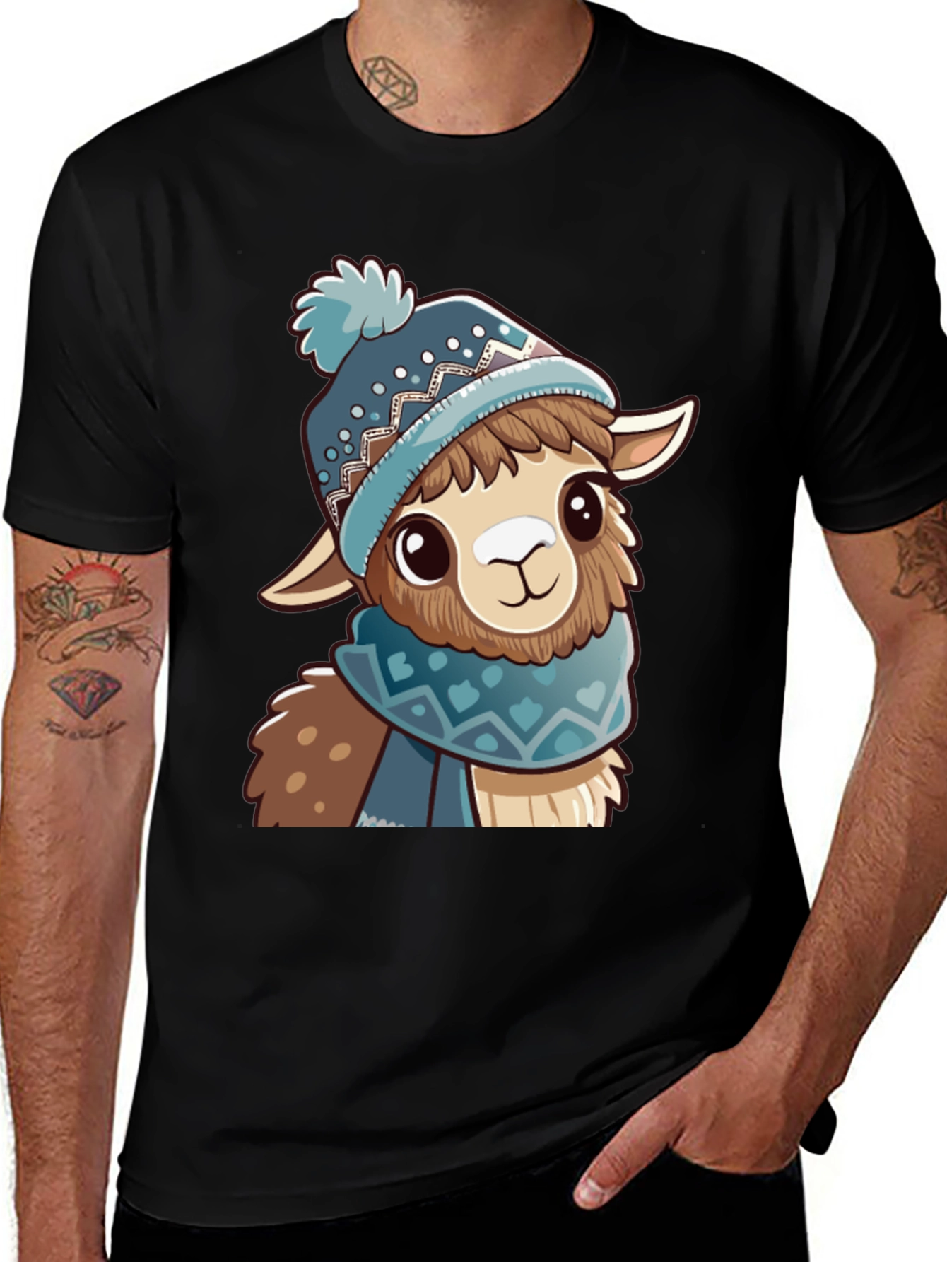 Cute Llama in Winter Hat Black T-Shirt