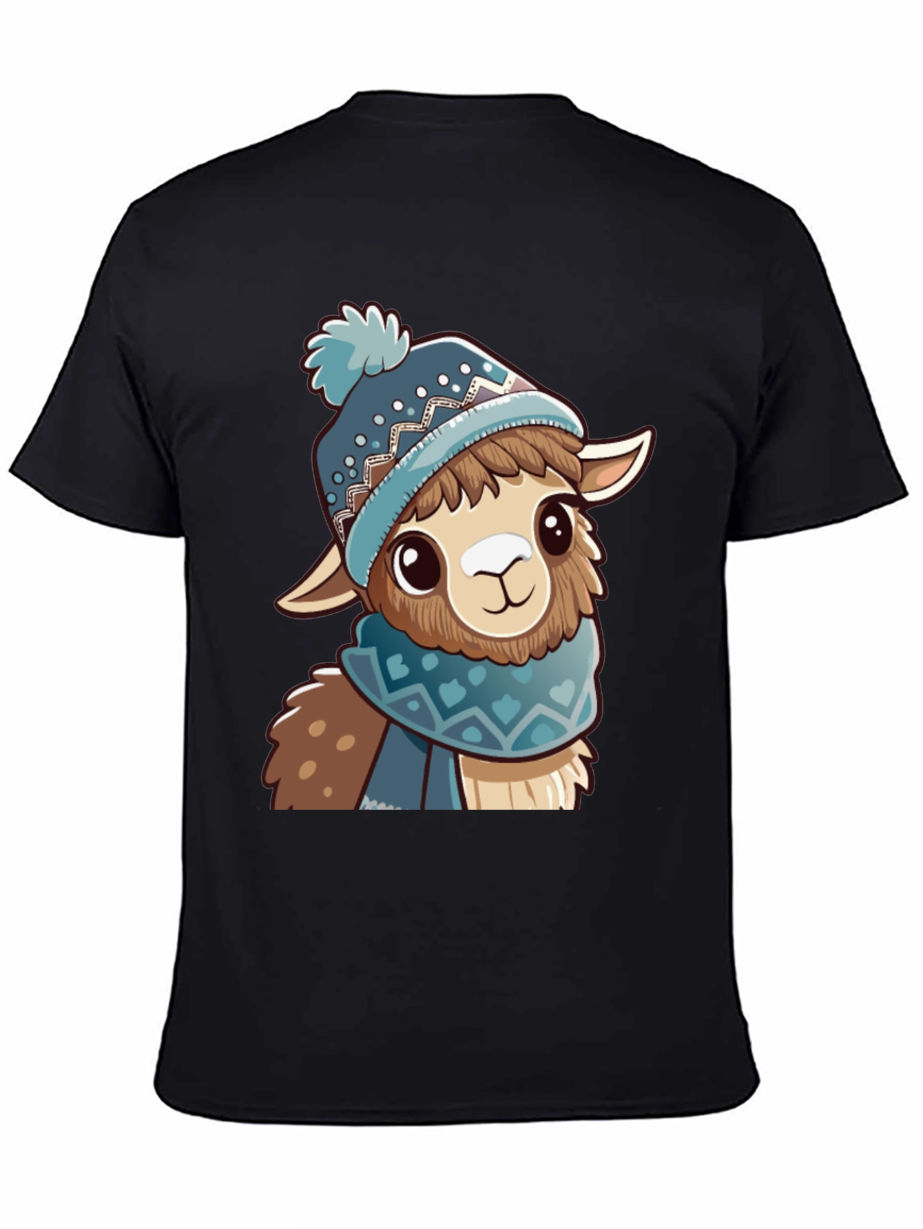 Cute Llama in Winter Hat Black T-Shirt