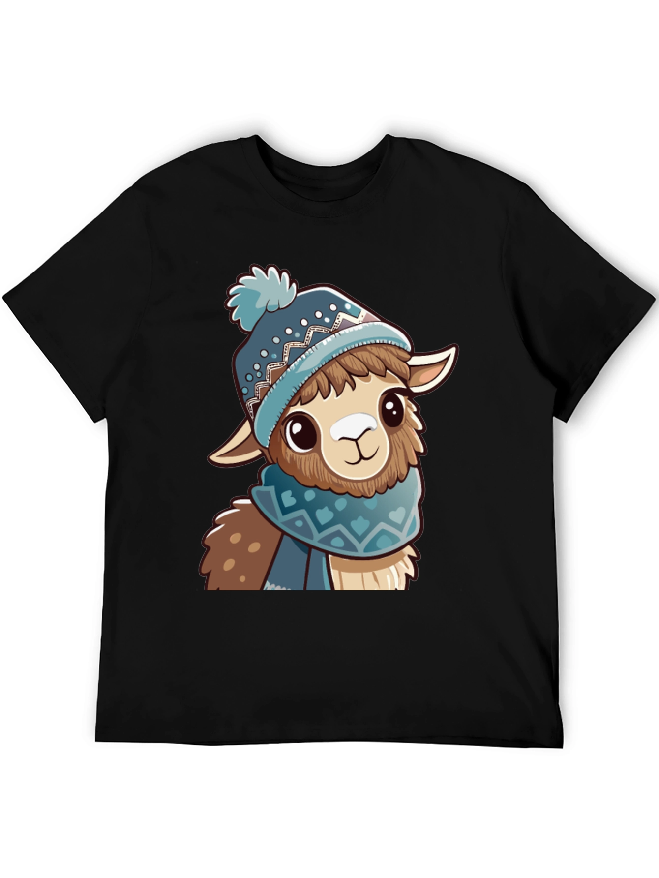 Cute Llama in Winter Hat Black T-Shirt
