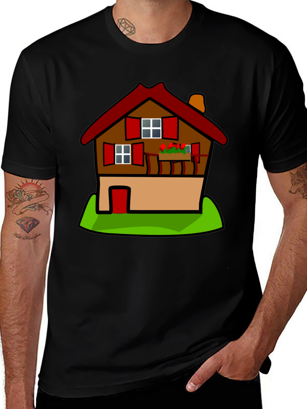 Cartoon House T-Shirt - Black Cotton Tee