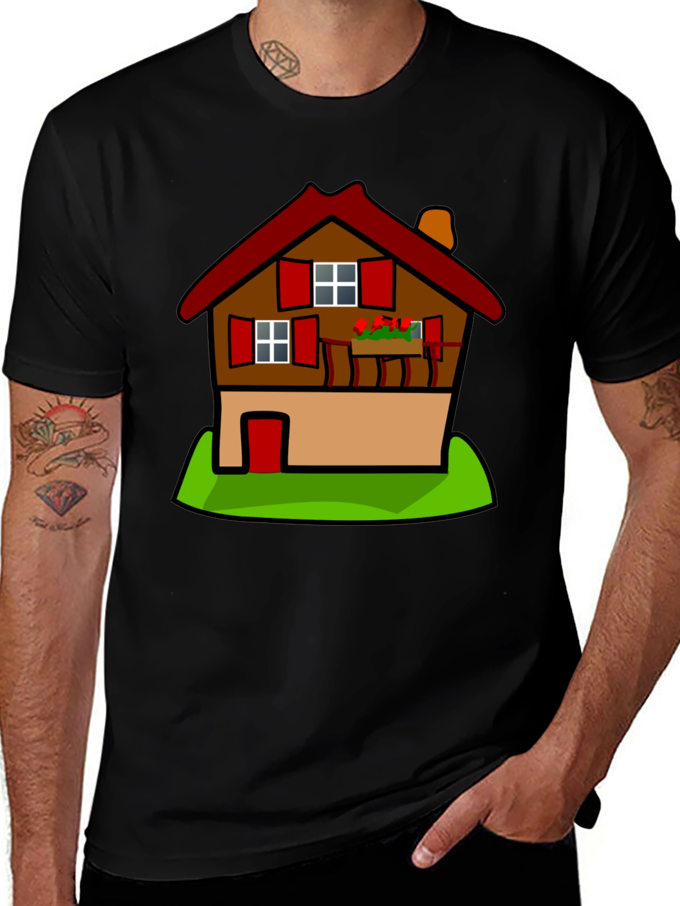 Cartoon House T-Shirt - Black Cotton Tee