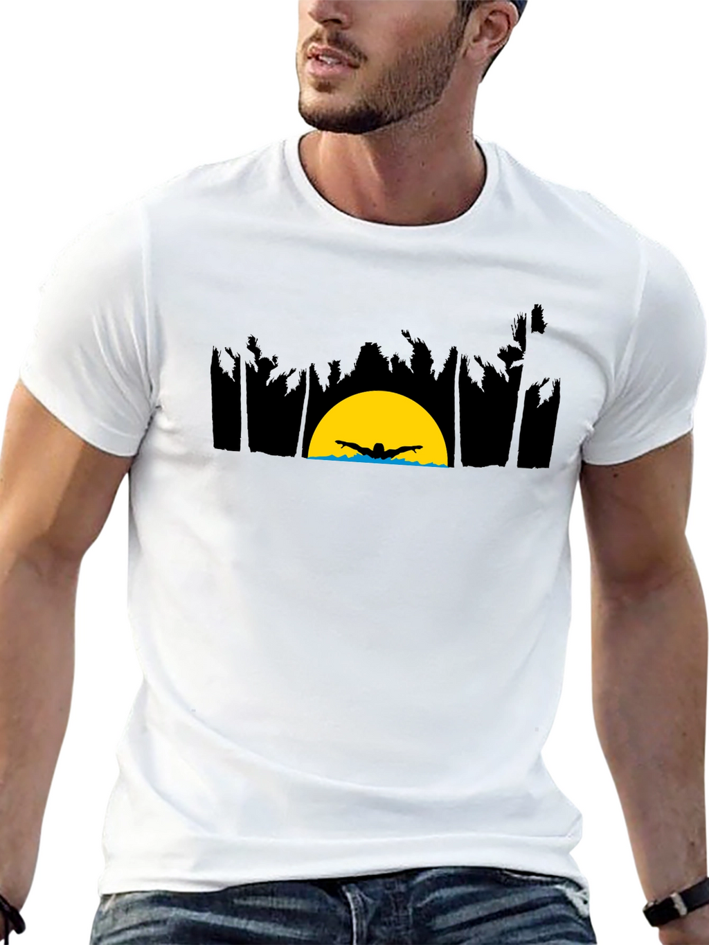 Sunset Swimmer Graphic Tee - Relaxed Fit Black T-Shirt