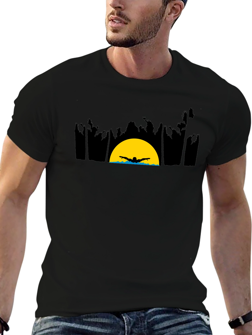 Sunset Swimmer Graphic Tee - Relaxed Fit Black T-Shirt