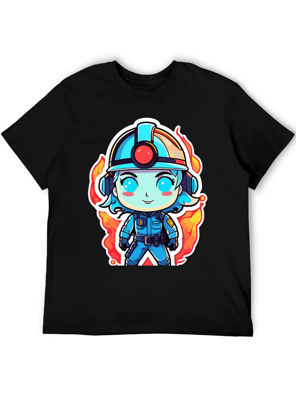 Cartoon Firefighter T-Shirt - Black Cotton Tee