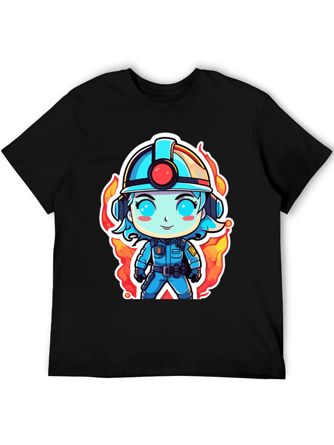 Cartoon Firefighter T-Shirt - Black Cotton Tee
