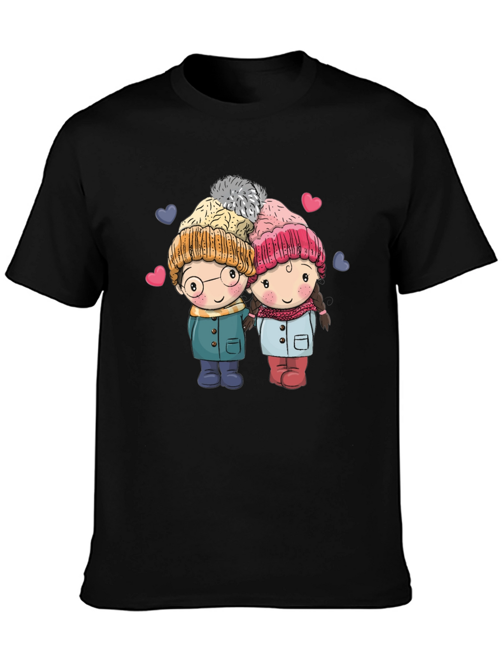 Cute Cartoon Couple Black T-shirt