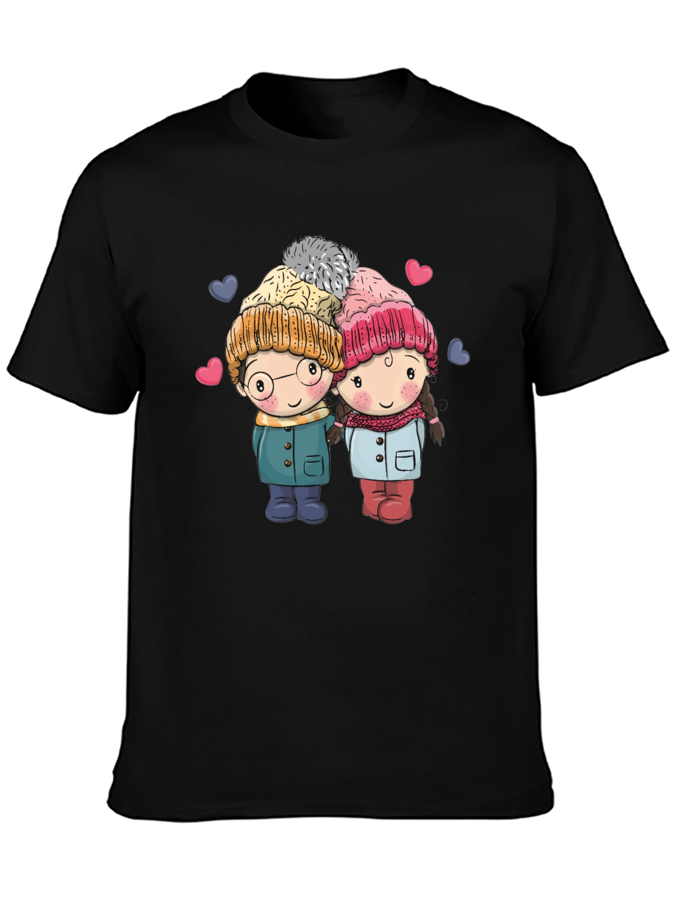 Cute Cartoon Couple Black T-shirt