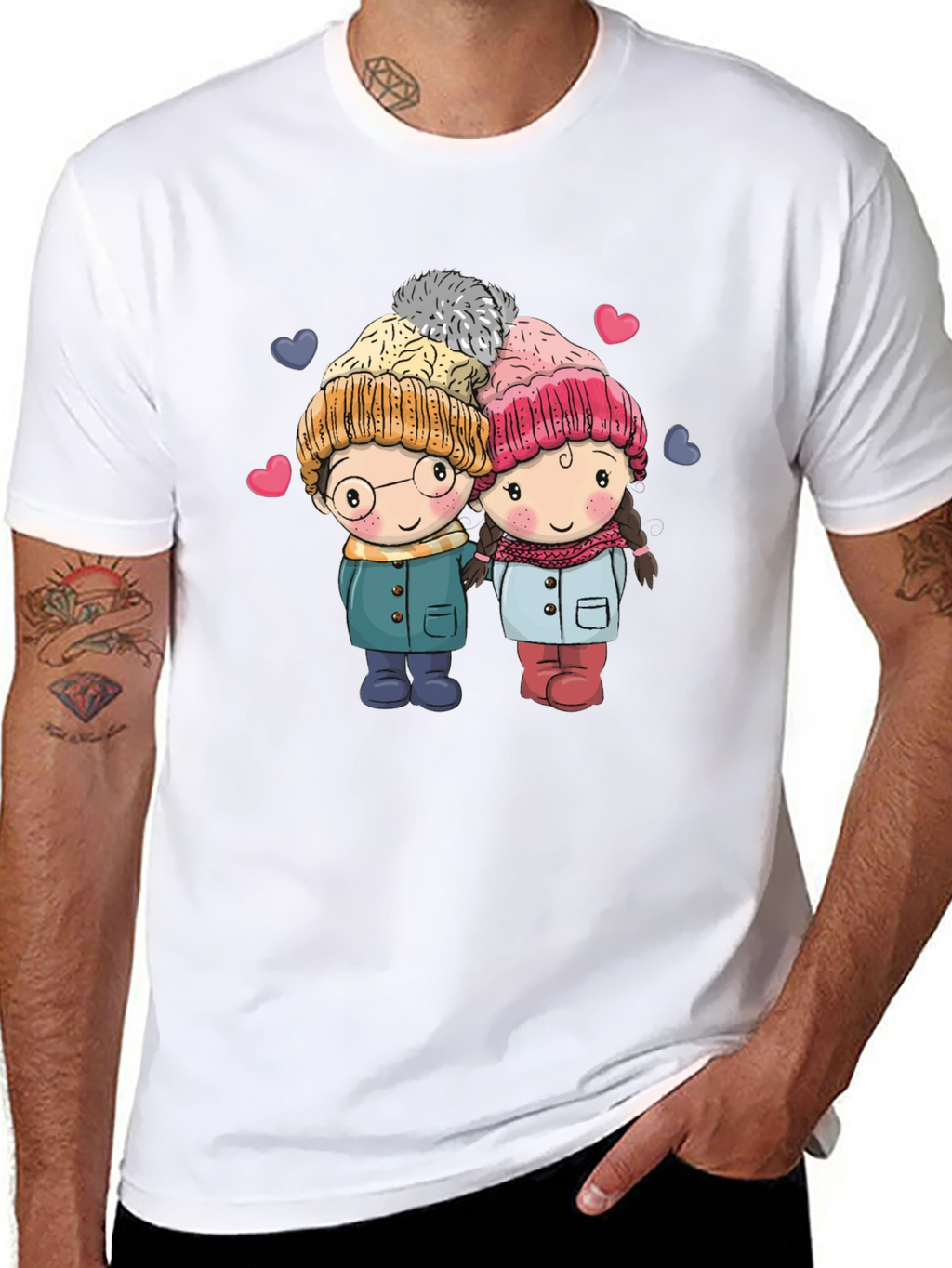 Cute Cartoon Couple Black T-shirt