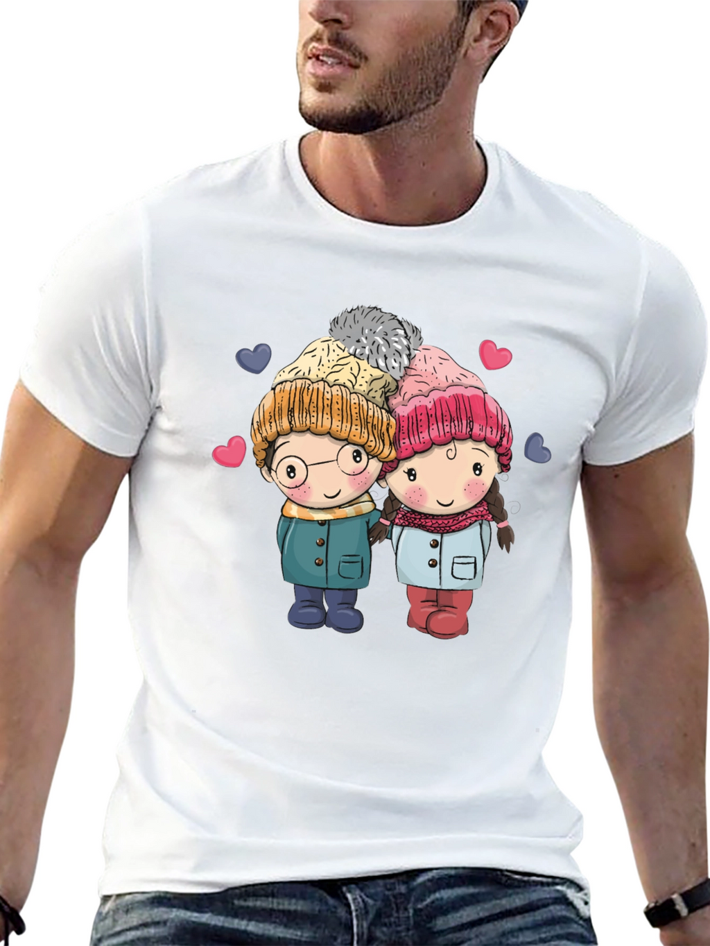 Cute Cartoon Couple Black T-shirt
