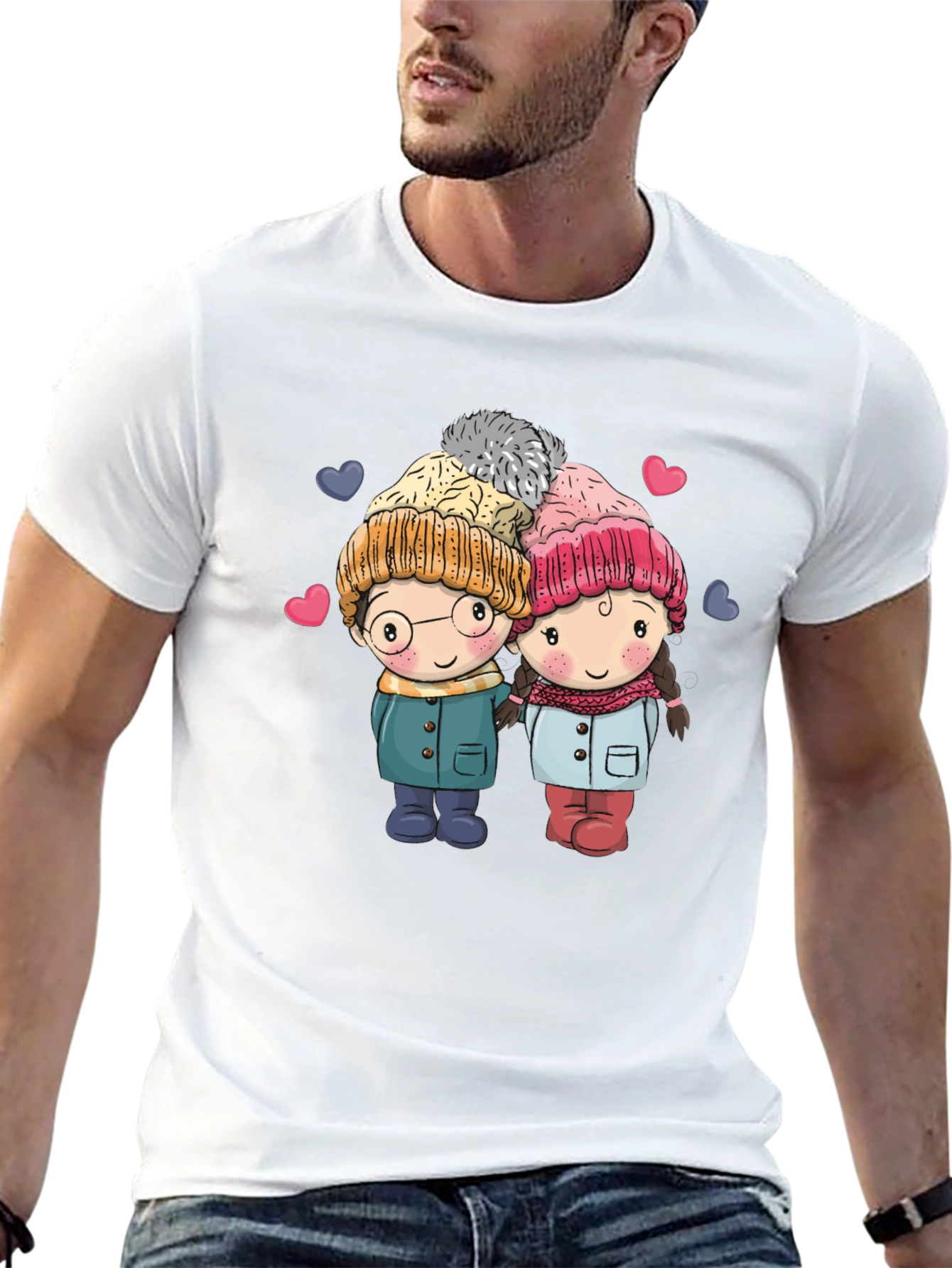 Cute Cartoon Couple Black T-shirt
