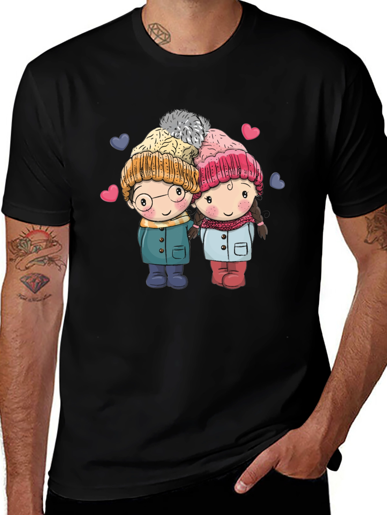 Cute Cartoon Couple Black T-shirt