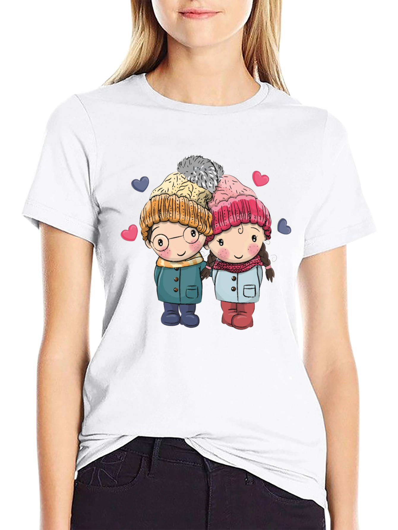 Cute Cartoon Couple Black T-shirt