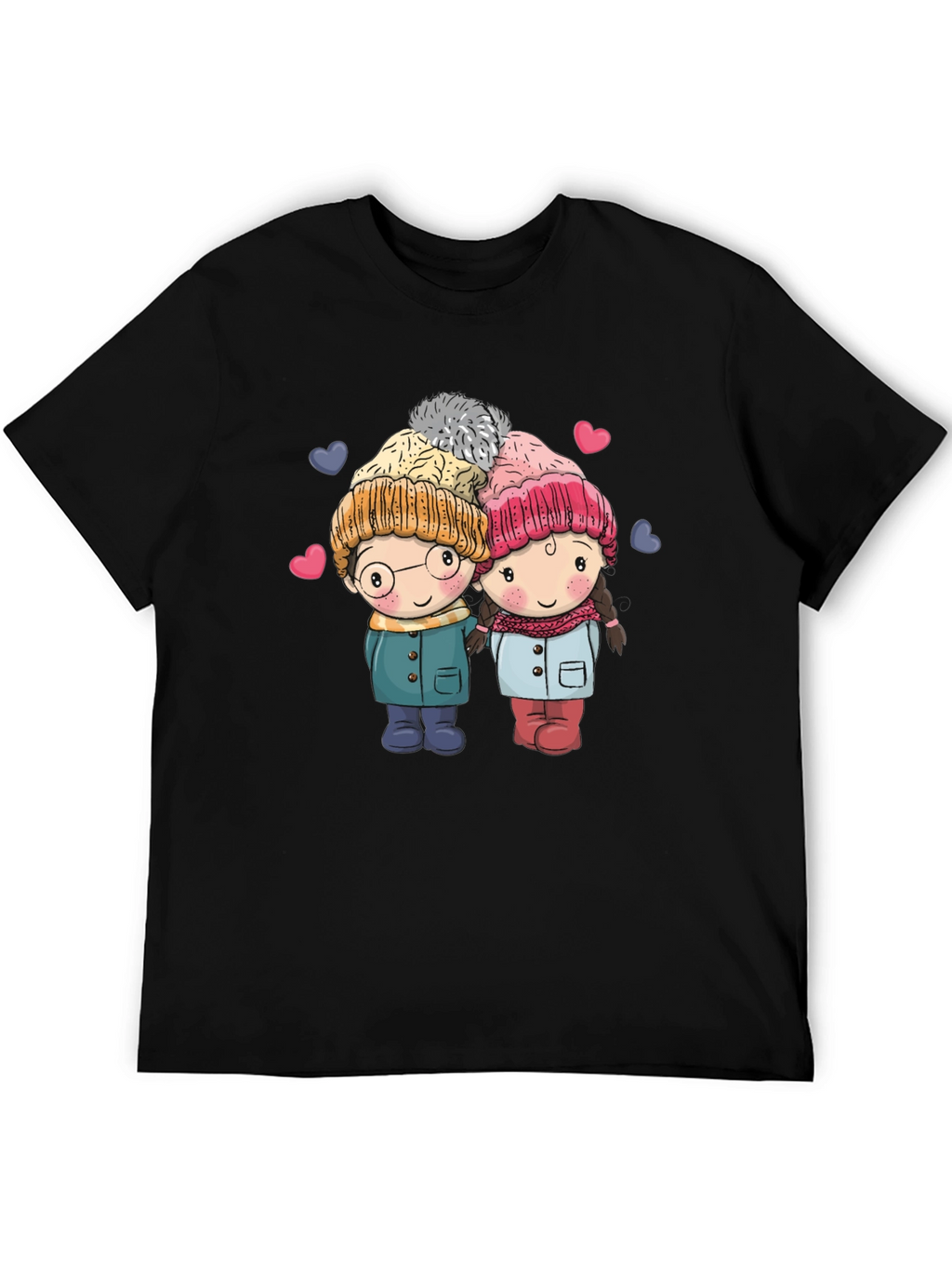 Cute Cartoon Couple Black T-shirt