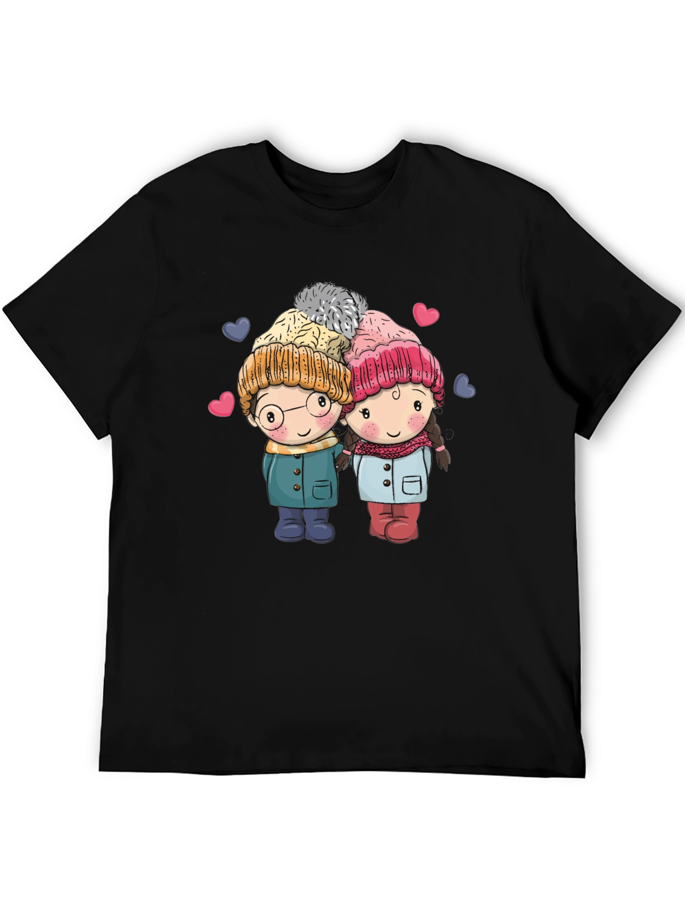 Cute Cartoon Couple Black T-shirt