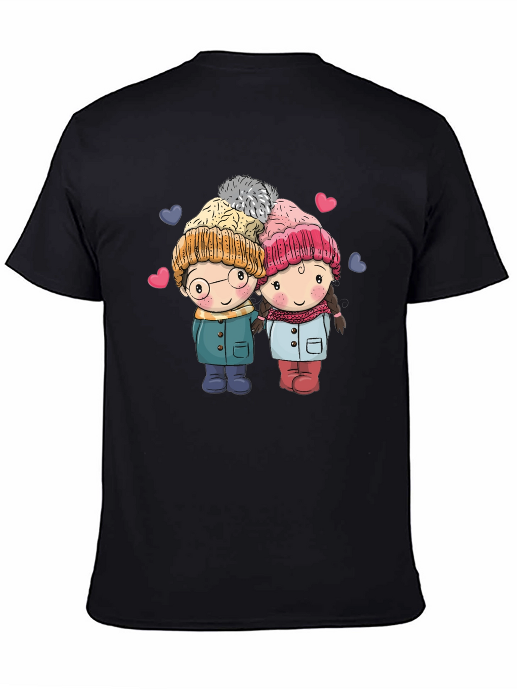 Cute Cartoon Couple Black T-shirt